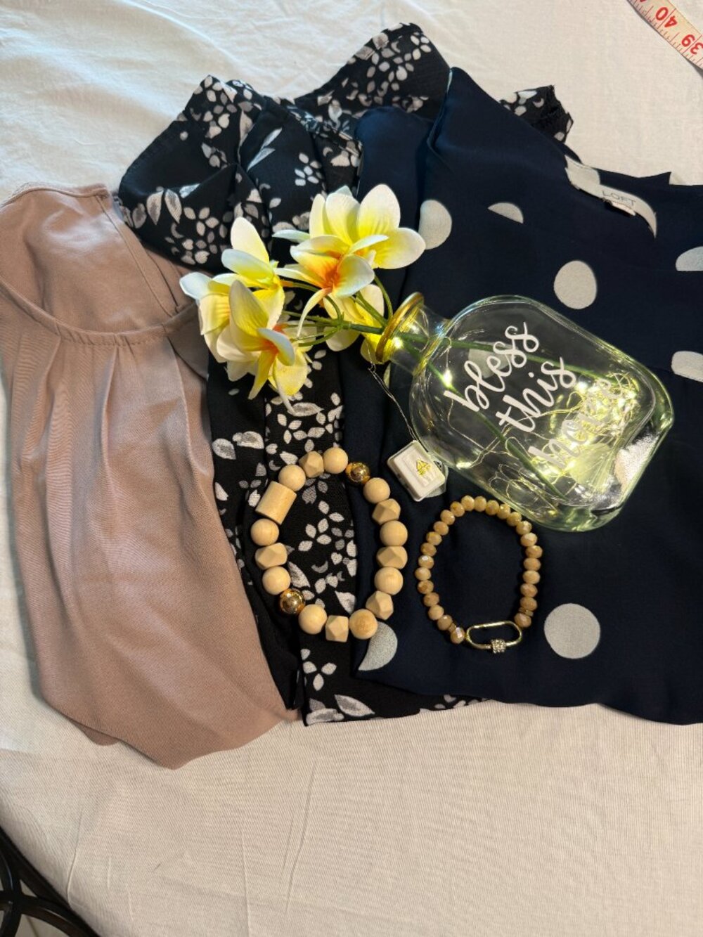 3 Medium Women's Blouses, 2 Bracelets, and Bonus Lighted Vase Decor